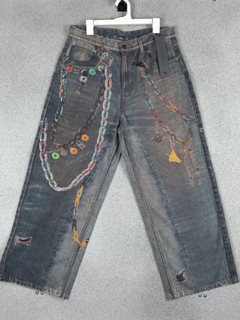 Supermade Chain Print Men's Baggy Jeans XL Blue Streetwear Skate Wide Leg Denim
